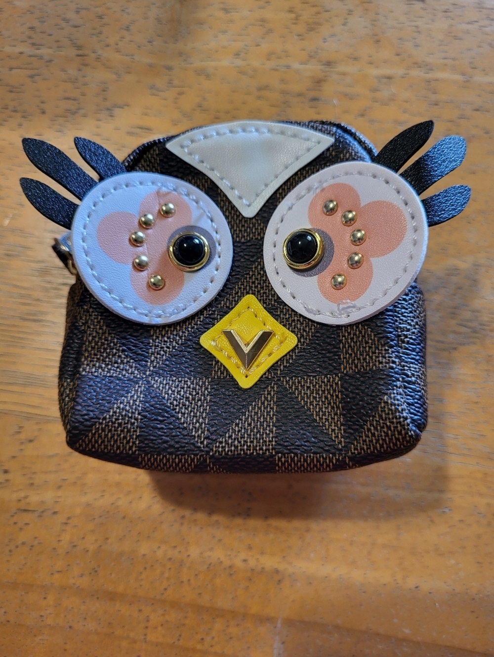 Owl Coin Purse with Geometric Print and Pink Eye Accents
